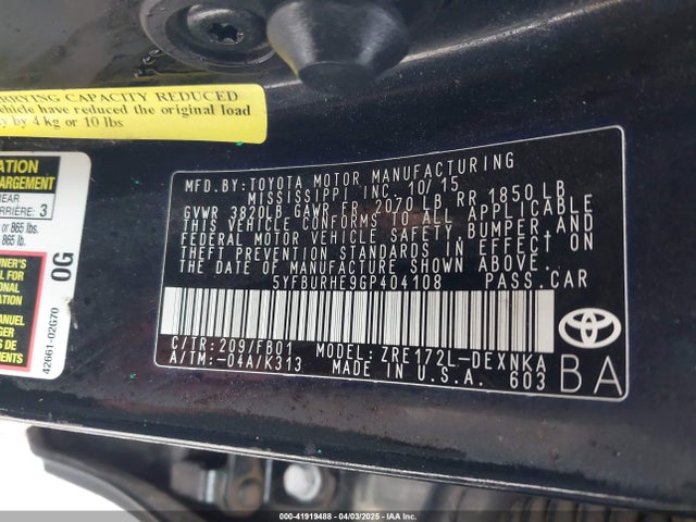 5YFBURHE9GP404108 Toyota COROLLA LE