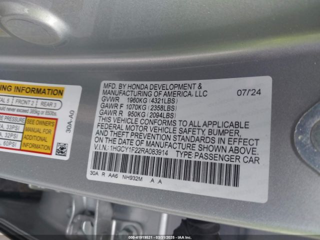 1HGCY1F22RA083914 Honda ACCORD LX