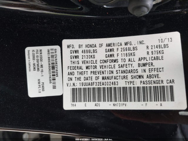 Auction sale of the 2014 Acura Tl 3.5 Special Edition, vin: 19UUA8F32EA002463, lot number: 41919552
