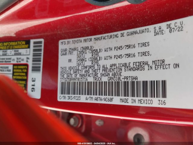 3TYDZ5BN9NT015716 Toyota Tacoma Sr5 V6