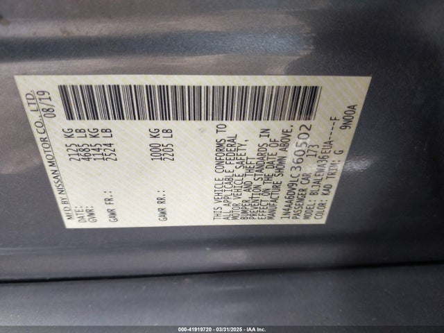 Nissan Maxima Sl Xtronic Cvt 2020 1N4AA6DV9LC360502 Image 9