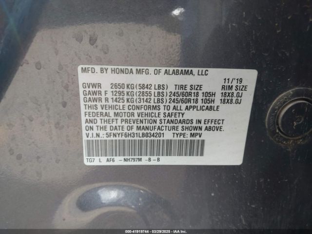 5FNYF6H31LB034201 Honda Pilot Awd Ex