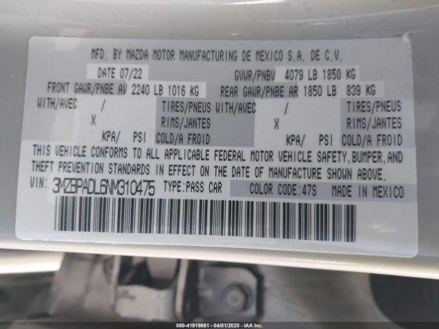 3MZBPADL6NM310475 Mazda MAZDA3