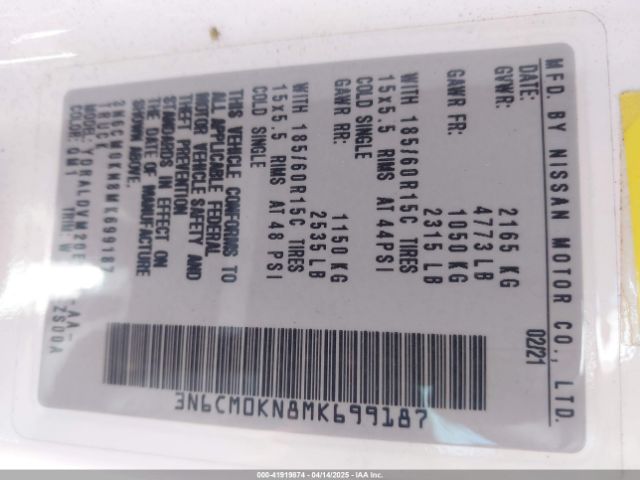 3N6CM0KN8MK699187 Nissan Nv200  Cargo S Xtronic Cvt