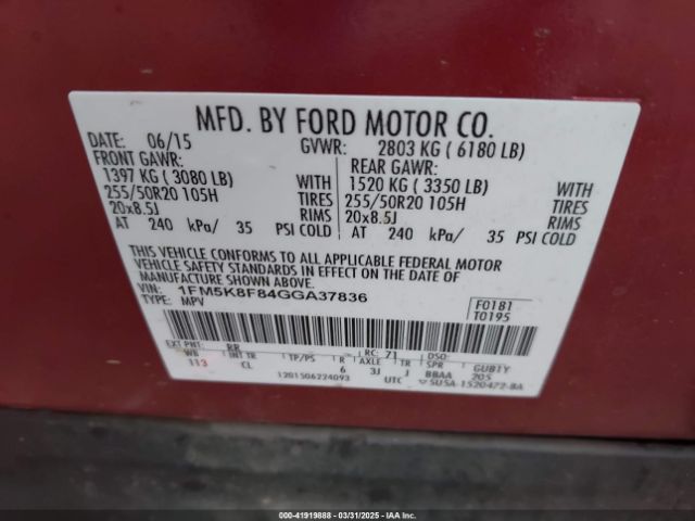 1FM5K8F84GGA37836 Ford Explorer Limited