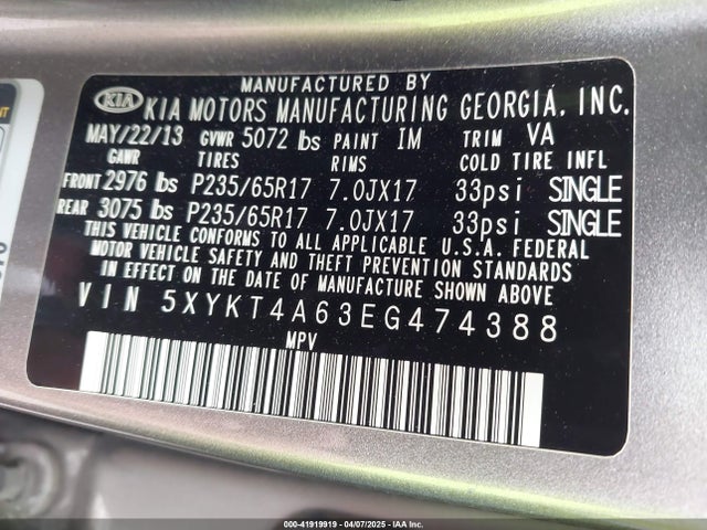 5XYKT4A63EG474388 KIA SORENTO LX