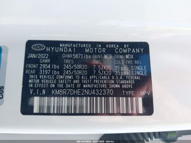 KM8R7DHE2NU432370 Hyundai Palisade Calligraphy