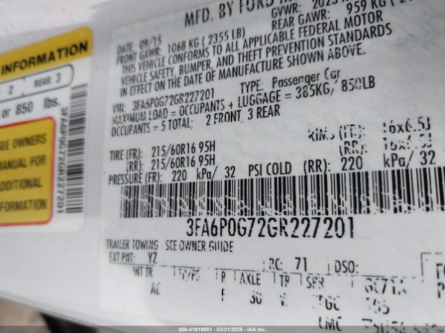 3FA6P0G72GR227201 Ford FUSION S