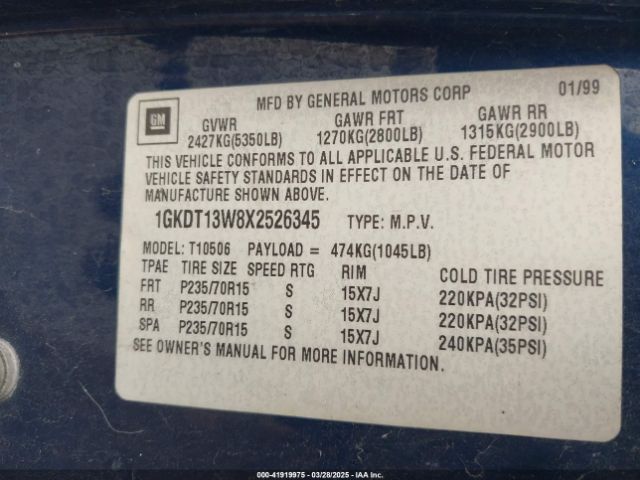 1999 GMC JIMMY 1GKDT13W8X2526345 Photo 8