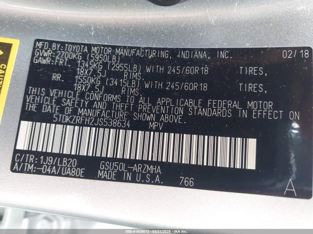 5TDKZRFH2JS538634 Toyota Highlander Xle