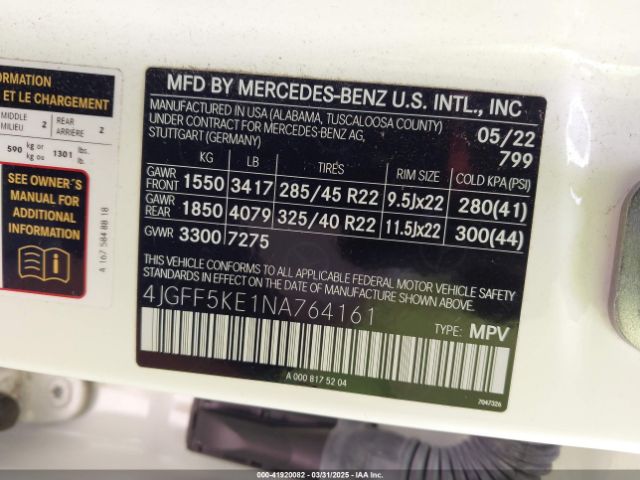 4JGFF5KE1NA764161 Mercedes-Benz Gls 450 4matic