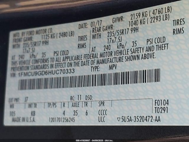 1FMCU9GD6HUC70333 Ford ESCAPE SE
