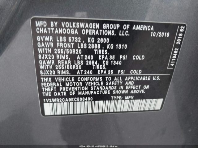1V2WR2CA9KC503400 Volkswagen Atlas 3.6l V6 Se W/technology