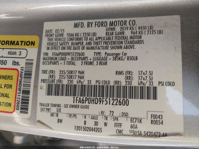 1FA6P0HD9F5122600 Ford FUSION SE