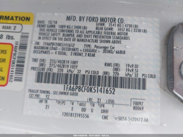1FA6P8CF0K5141652 Ford MUSTANG GT