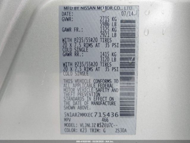 5N1AR2MMXEC715436 Nissan Pathfinder Platinum