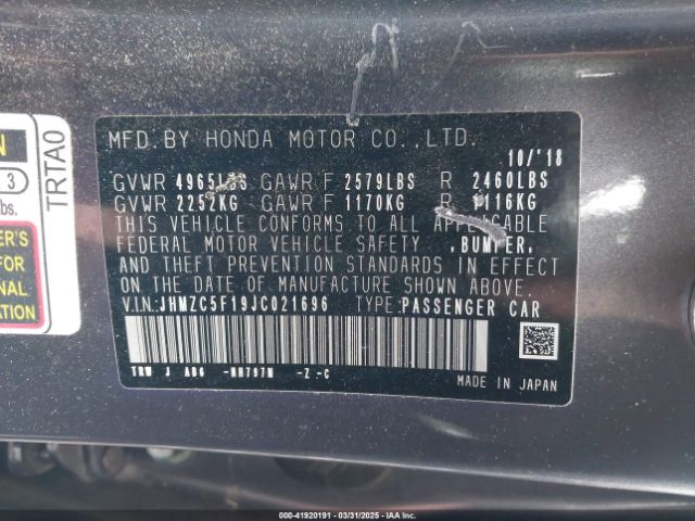 JHMZC5F19JC021696 Honda CLARITY PLUG-IN HYBRID