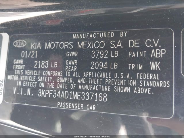 3KPF34AD1ME337168 KIA Forte Gt-line