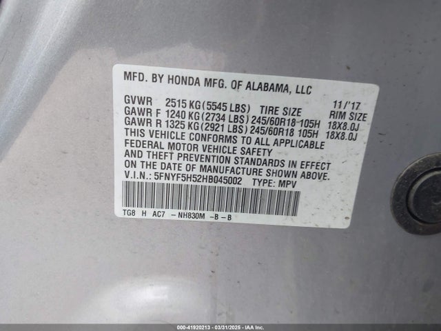 Honda Pilot Ex-l 2017 5FNYF5H52HB045002 Image 9
