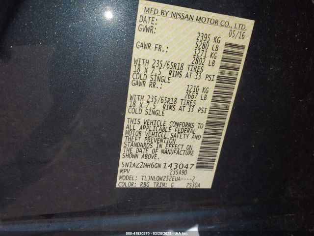 5N1AZ2MH6GN143047 Nissan MURANO SV