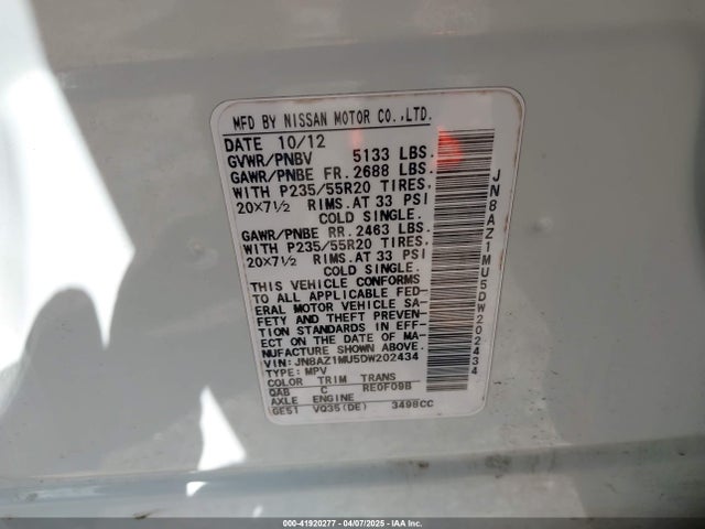 Aukcja sprzedaży 2013 Nissan Murano Le, vin: JN8AZ1MU5DW202434, numer aukcji: 41920277