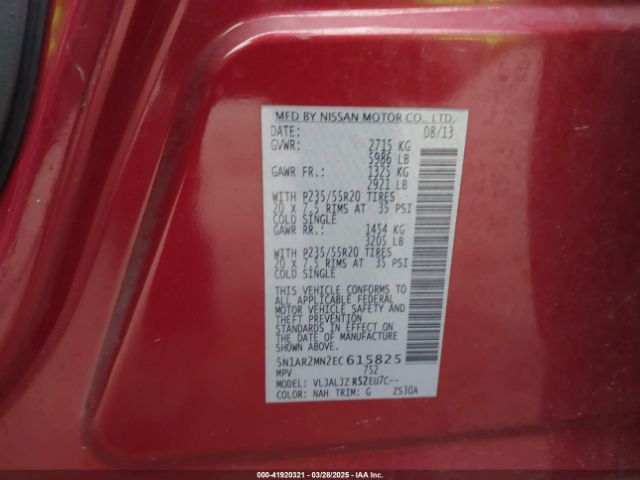 5N1AR2MN2EC615825 Nissan Pathfinder Platinum