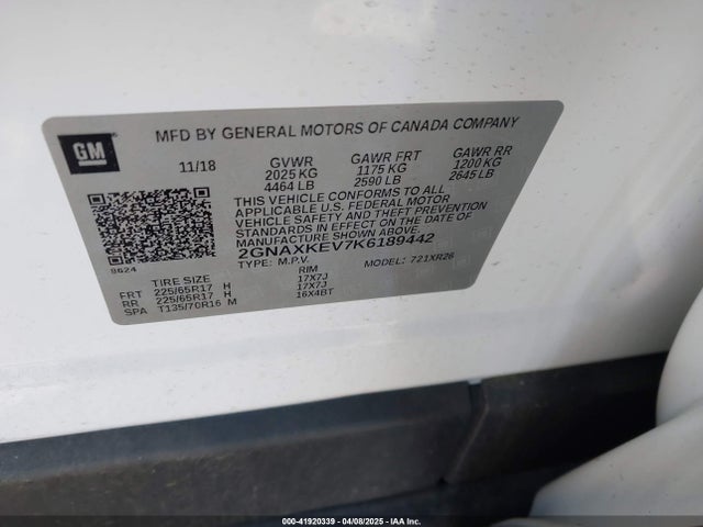 Продаж на аукціоні авто 2019 Chevrolet Equinox Lt, vin: 2GNAXKEV7K6189442, номер лоту: 41920339