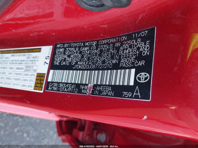 Aukcja sprzedaży 2008 Toyota Prius, vin: JTDKB20U087727210, numer aukcji: 41920342