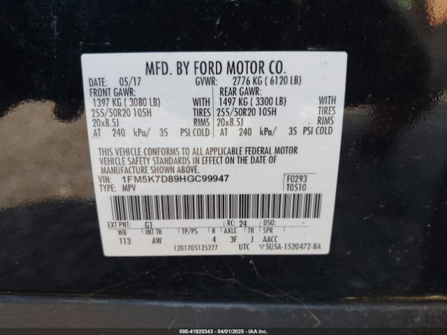1FM5K7D89HGC99947 Ford EXPLORER XLT