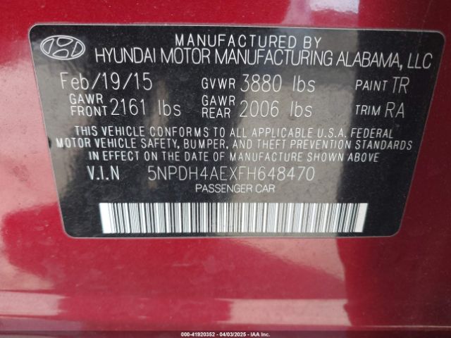 5NPDH4AEXFH648470 Hyundai ELANTRA SE