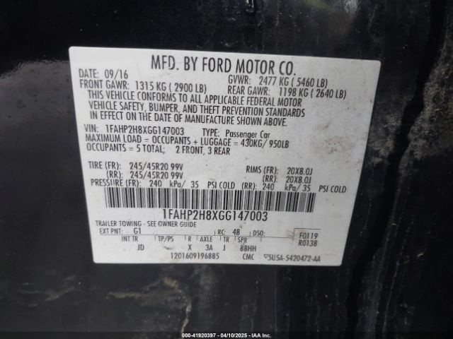 1FAHP2H8XGG147003 Ford TAURUS SEL