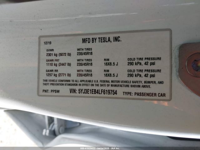 5YJ3E1EB4LF619754 Tesla Model 3 Long Range Dual Motor All-wheel Drive