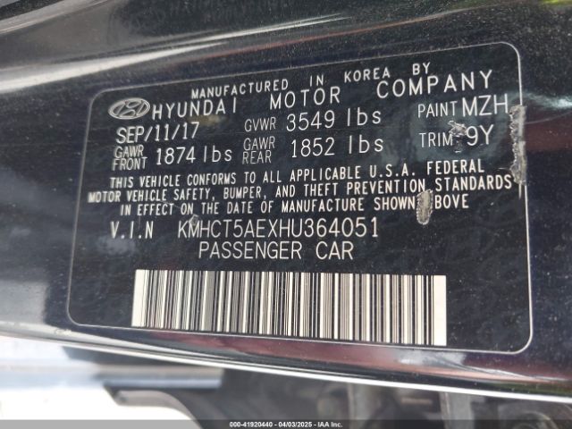 KMHCT5AEXHU364051 Hyundai ACCENT SE
