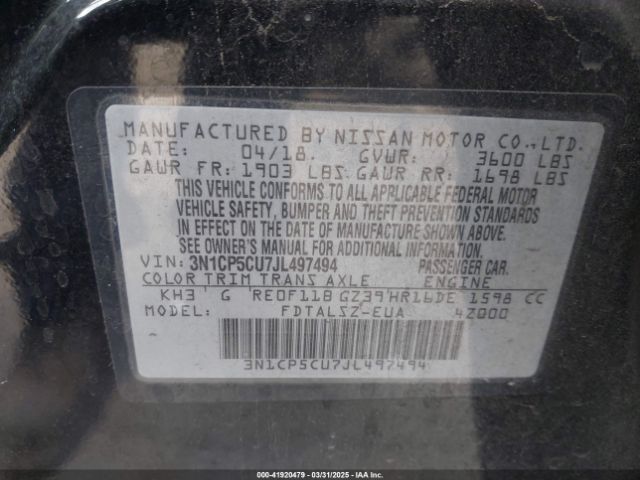 3N1CP5CU7JL497494 Nissan KICKS SV