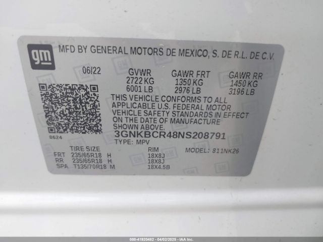 3GNKBCR48NS208791 Chevrolet Blazer Fwd 2lt