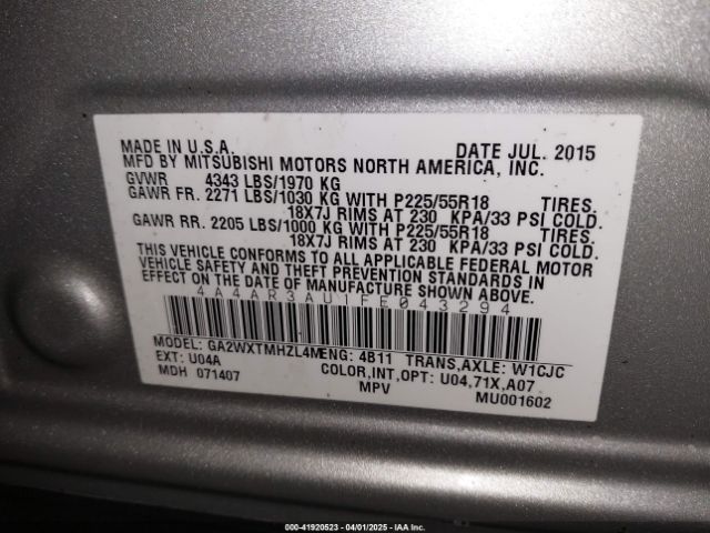 4A4AR3AU1FE043294 Mitsubishi Outlander Sport Es