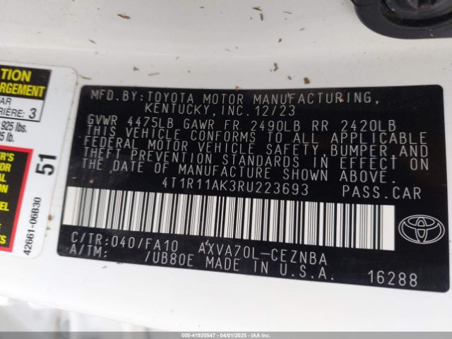 4T1R11AK3RU223693 Toyota CAMRY LE