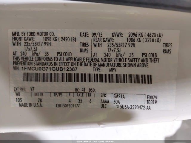 1FMCU0G71GUB12387 Ford ESCAPE SE