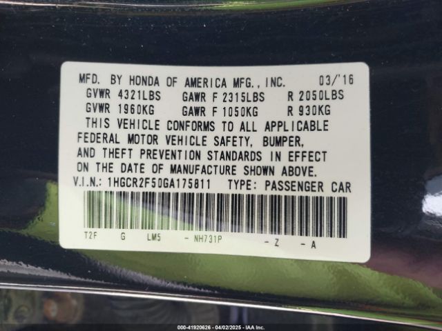 1HGCR2F50GA175811 Honda Accord Sport