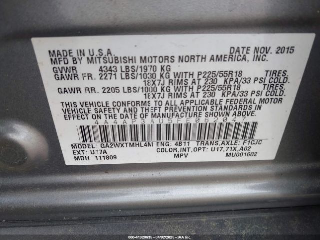 4A4AP3AU5FE062047 Mitsubishi Outlander Sport Es