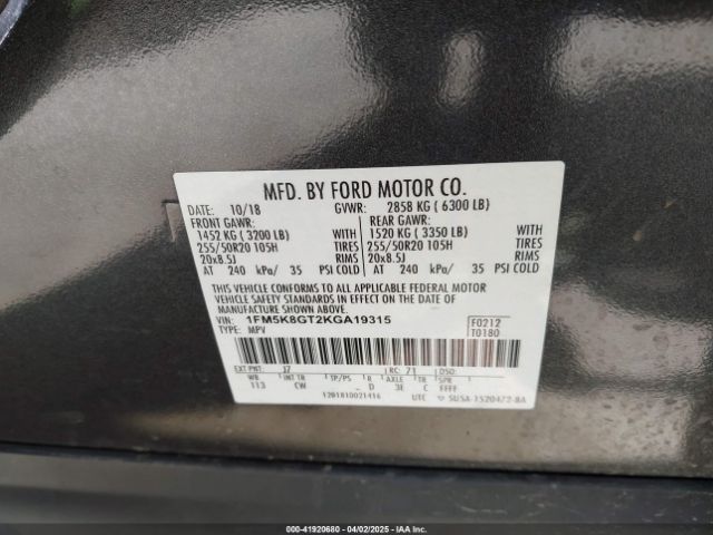 1FM5K8GT2KGA19315 Ford EXPLORER SPORT