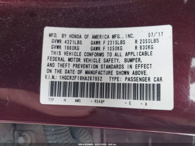 1HGCR2F19HA267952 Honda Accord Sport Se