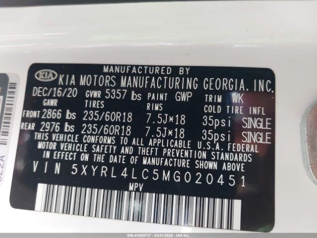 5XYRL4LC5MG020451 KIA SORENTO S