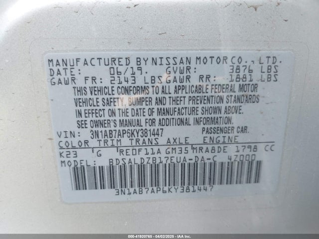 3N1AB7AP6KY381447 Nissan SENTRA SV