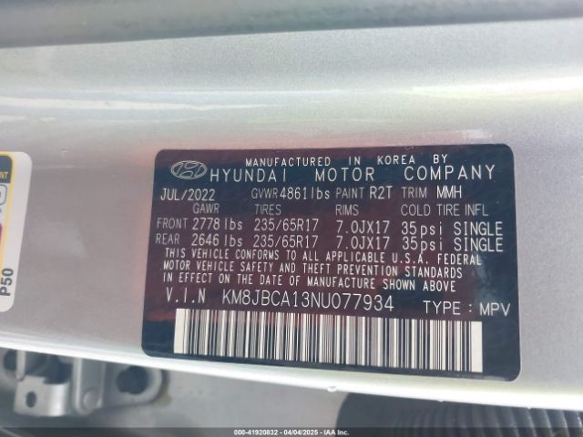 KM8JBCA13NU077934 Hyundai Tucson Hybrid Blue