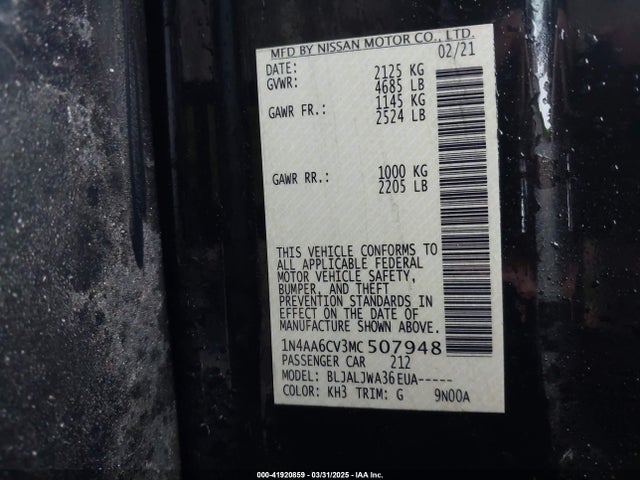 Nissan Maxima Sv Xtronic Cvt 2021 1N4AA6CV3MC507948 Image 9