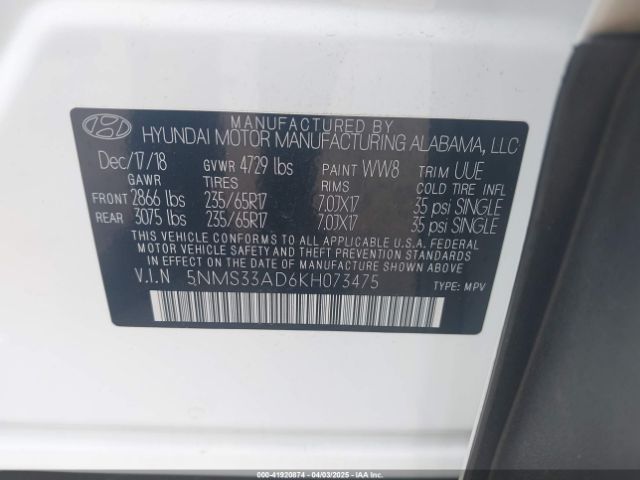 5NMS33AD6KH073475 Hyundai Santa Fe Sel