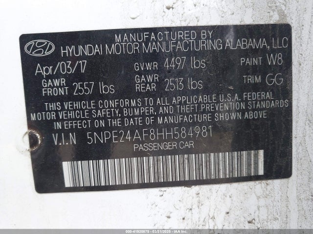 5NPE24AF8HH584981 Hyundai Sonata