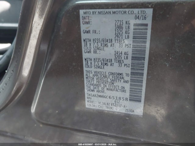 Nissan Pathfinder S 2016 5N1AR2MN6GC651858 Image 9
