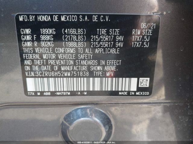 3CZRU6H52MM751838 Honda Hr-v Awd Ex